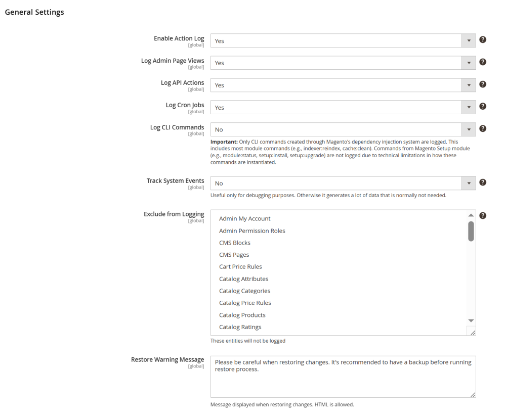 General Settings | Action Log for Magento 2