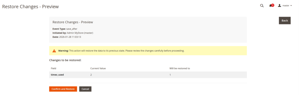 Confirm and Restore Changes | Action Log for Magento 2