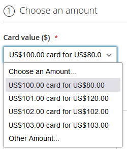 Select gift card amounts Magento 2 storefront