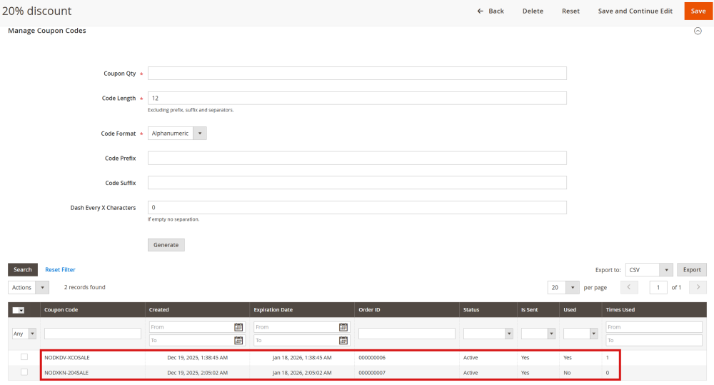 Created Coupon Codes | Next Order Discount for Magento 2