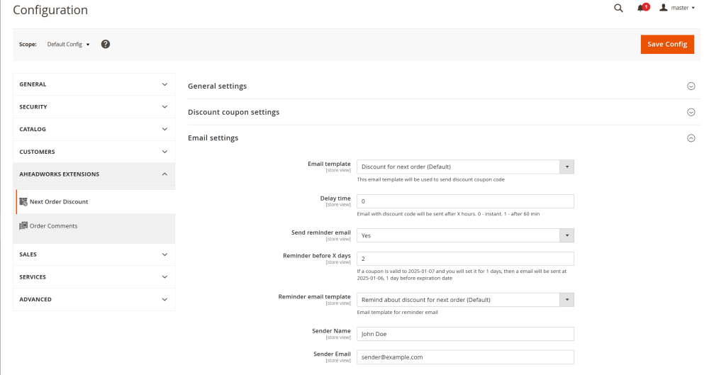 Email Settings | Next Order Discount for Magento 2