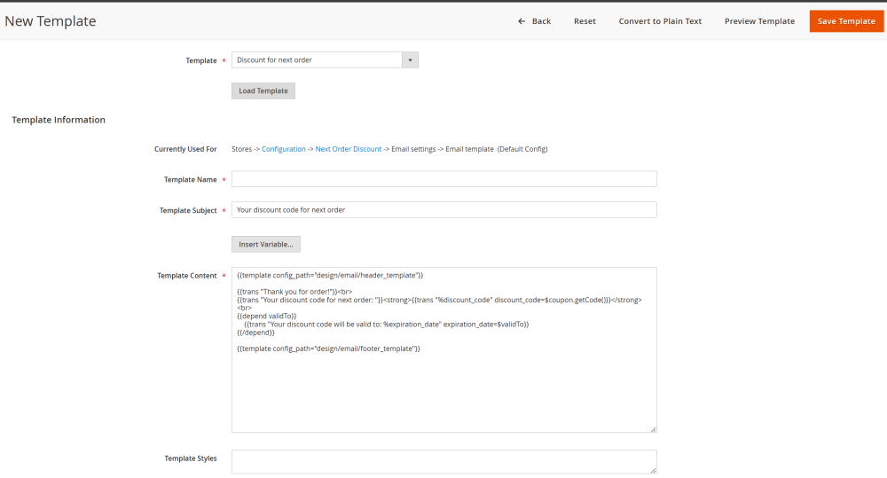 Email Template Customization | Next Order Discount for Magento 2