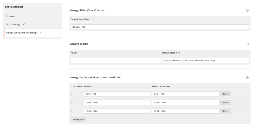 Manage Labels, Options, Tooltips | Order Attributes