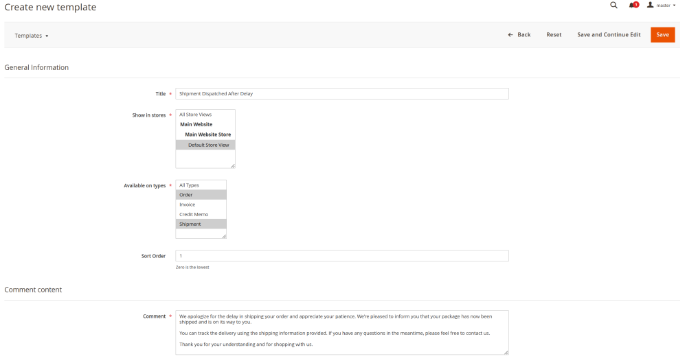 Create New Template Page | Order Comments for Magento 2
