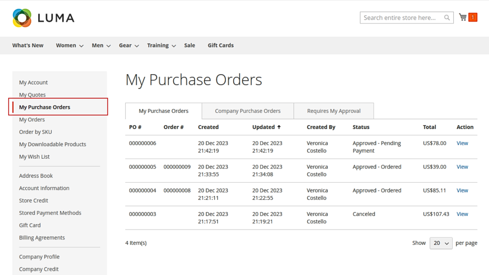 My Purchase Orders tab | Magento 2 One Step Checkout for B2B