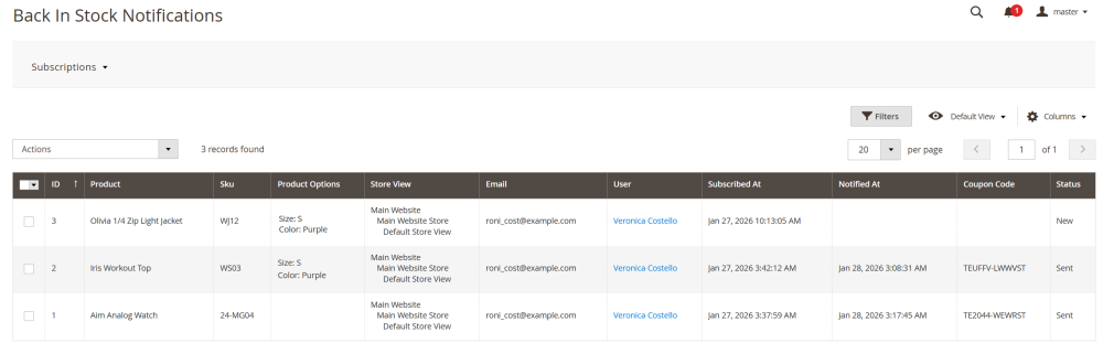 Back In Stock Notifications Table | Out Of Stock Notifications for Magento 2