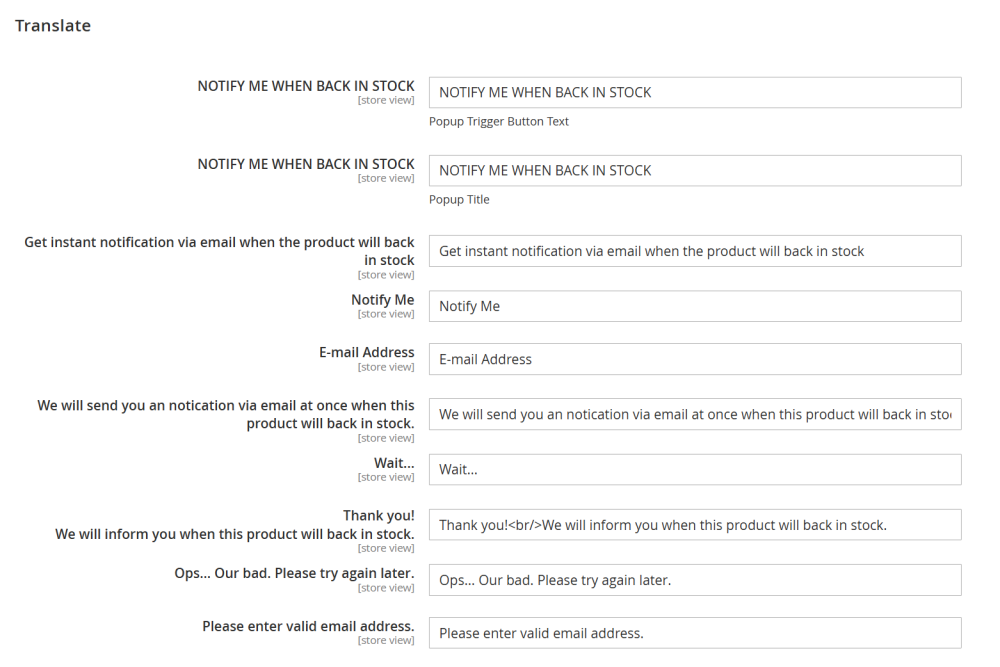 Translation Settings | Out Of Stock Notifications for Magento 2