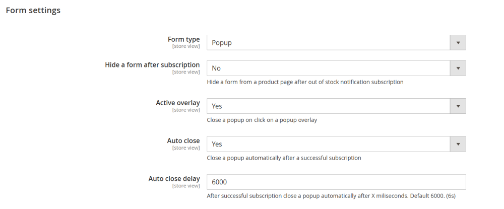 Form Settings | Out Of Stock Notifications for Magento 2