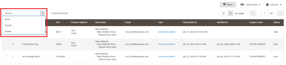 Actions List | Out Of Stock Notifications for Magento 2