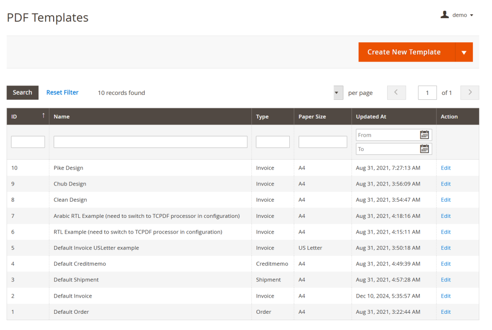 PDF Templates Table | Magento 2 PDF Invoice
