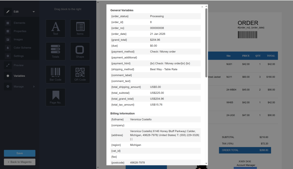 Variables List | Magento 2 PDF Invoice