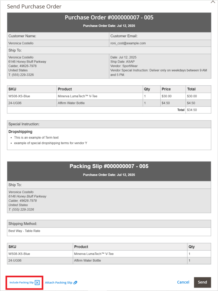 Email PO and Packing Slip | Purchase Order and Dropshipping