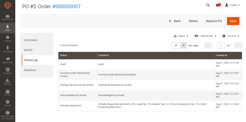 History Log | Purchase Order and Dropshipping