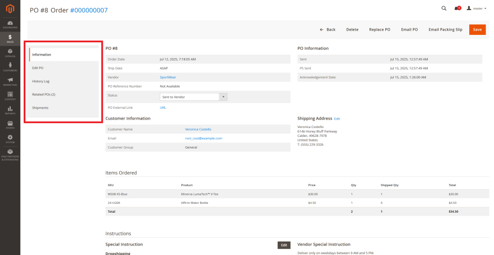PO Page Sections | Purchase Order and Dropshipping