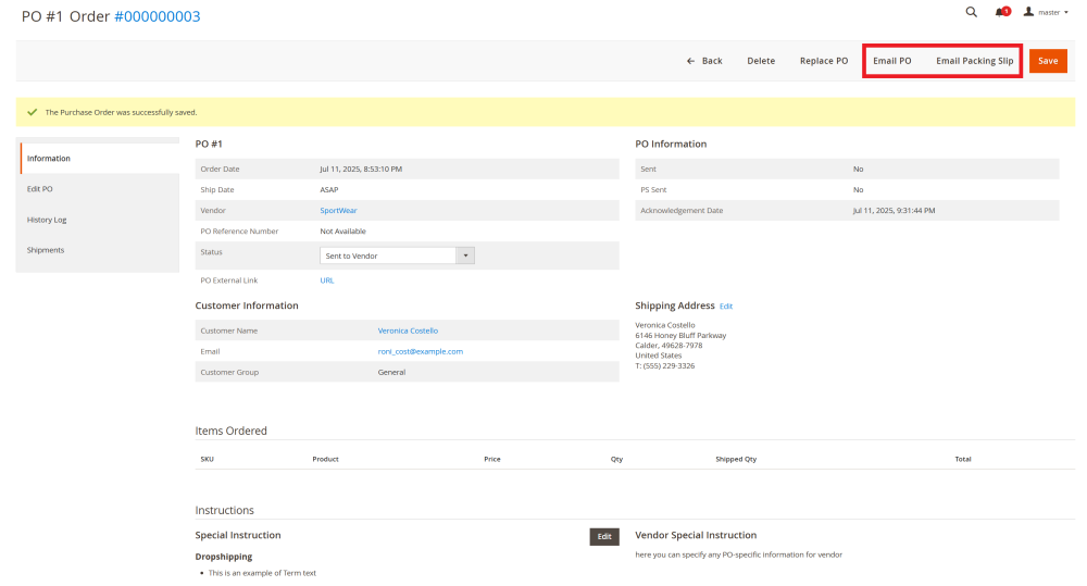 Email PO and Packing Slip | Purchase Order and Dropshipping