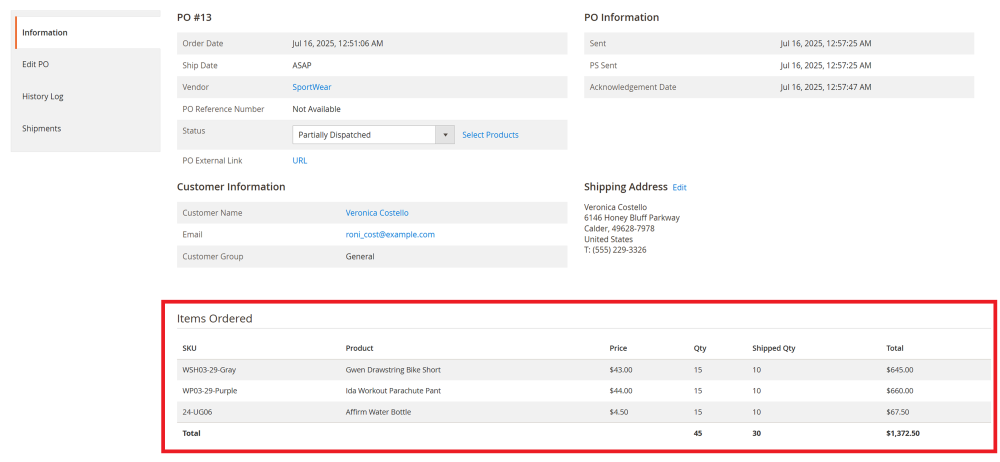 Partially Dispatched Items Table | Purchase Order and Dropshipping