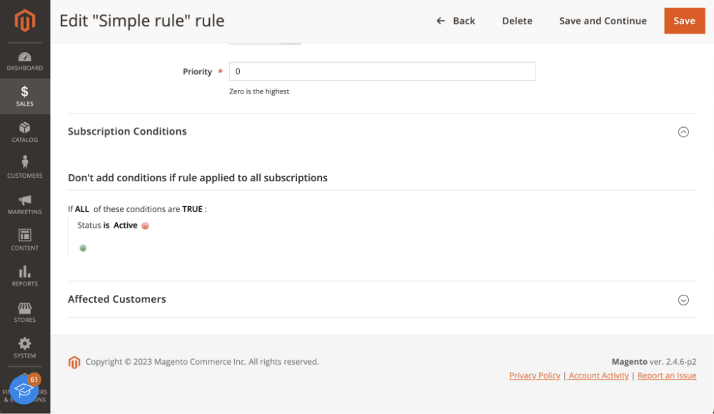 Conditioning rule | Advanced Subscription products Magento 2