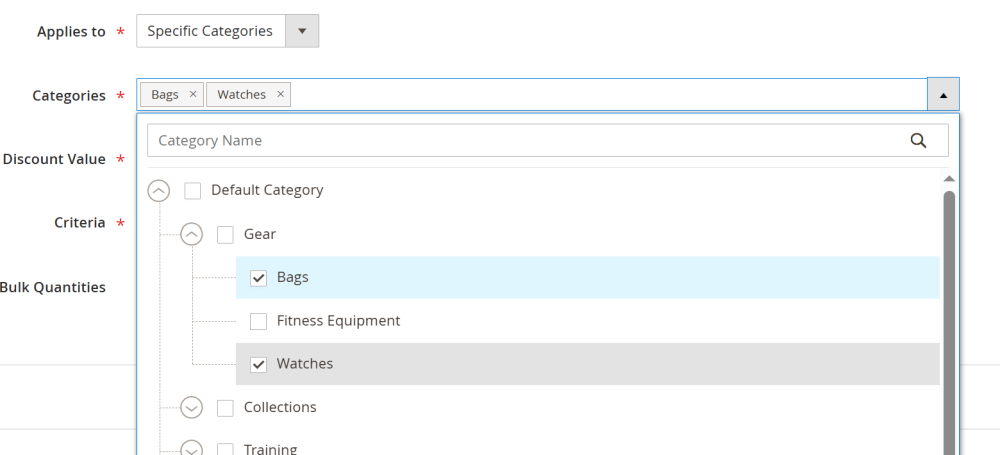 Specific categories | Amount Off Products Or Categories | Special Promotions for Magento 2