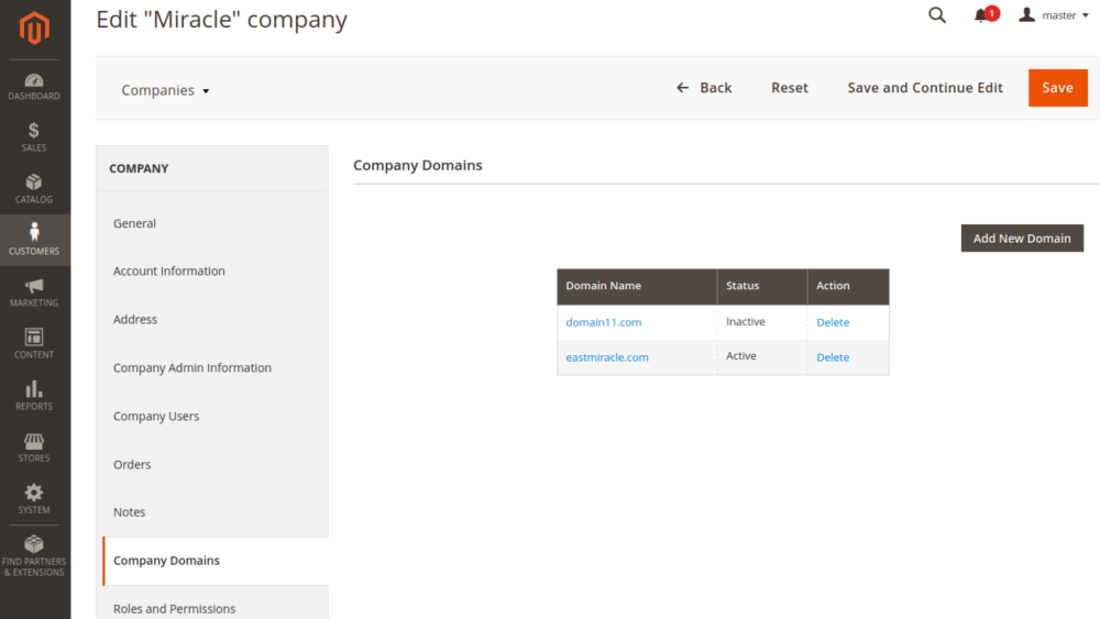 Edit company| Company Domains | Company Accounts for Magento 2