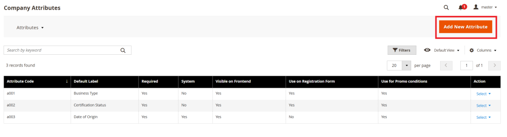 Add New Attribute button | Company Accounts for Magento 2