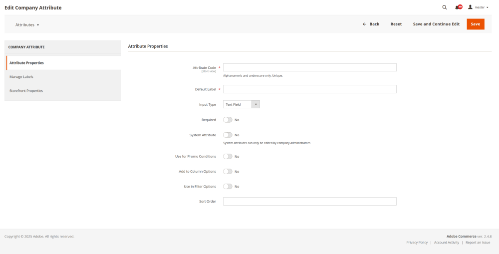 Attribute Properties section | Company Accounts for Magento 2