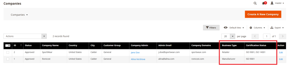 Company Attributes in Companies grid| Company Accounts for Magento 2