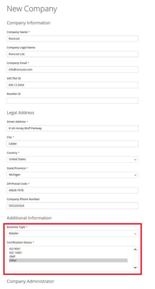 Company Attributes on the storefront New Company registration form | Company Accounts for Magento 2
