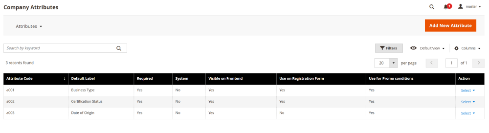 Company Attributes grid
