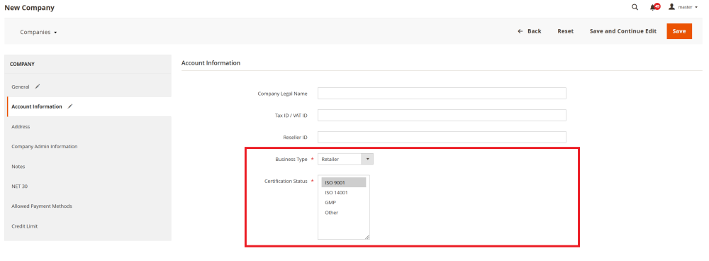 Company Attributes on New Company page | Company Accounts for Magento 2