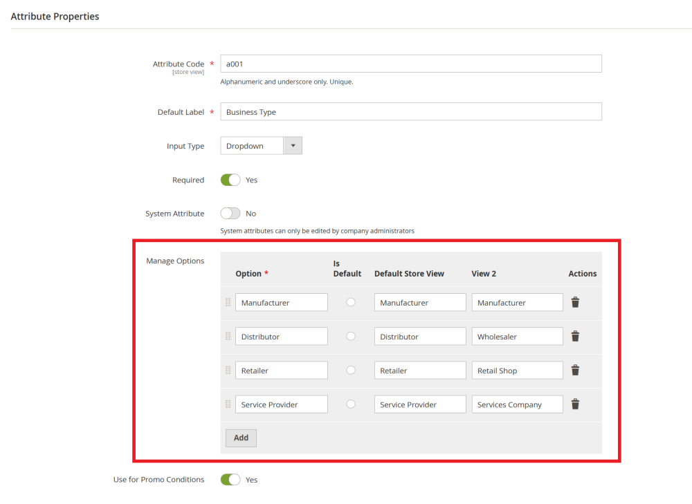 Manage Options field | Company Accounts for Magento 2