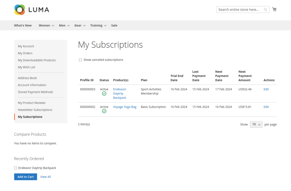 Subscriptions in My Account | Advanced Subscription Products for Magento 2