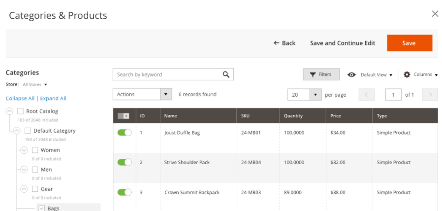 Categories and Products Dashboard