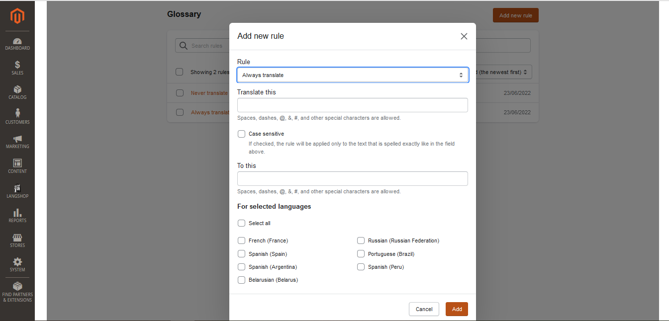 glossary in Magento