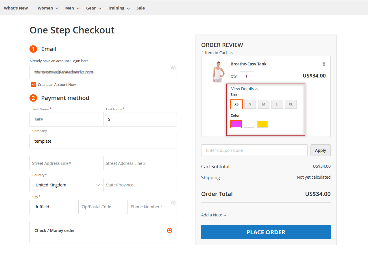 configurable options are displayed at checkout