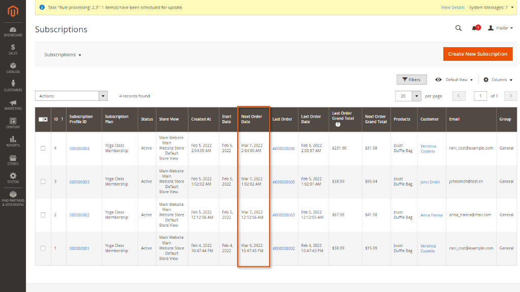 Subscriptions grid