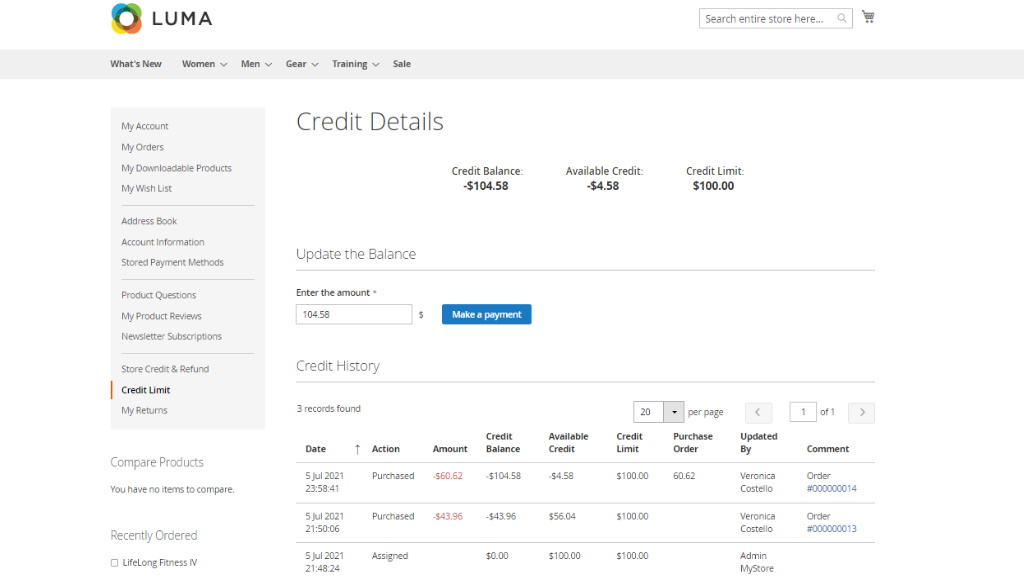 Credit Transactions in Customer Profile | B2B Company Credit for Magento 2