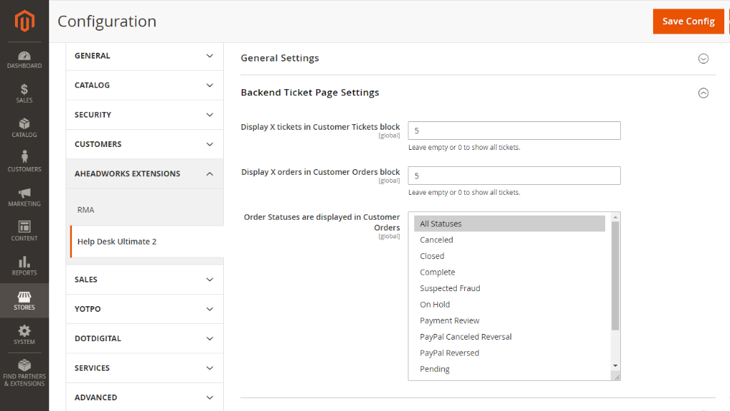 Backend Ticket Page Settings | Help Desk Ultimate for Magento 2