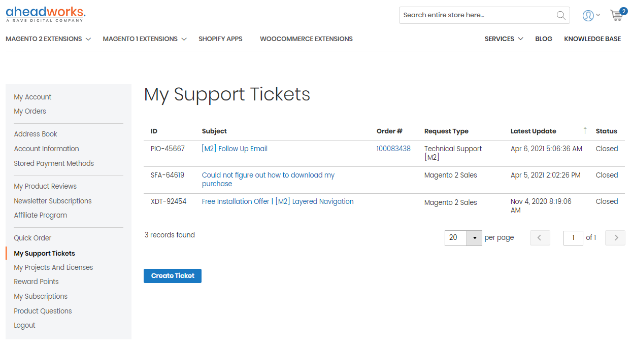 My Support Tickets section