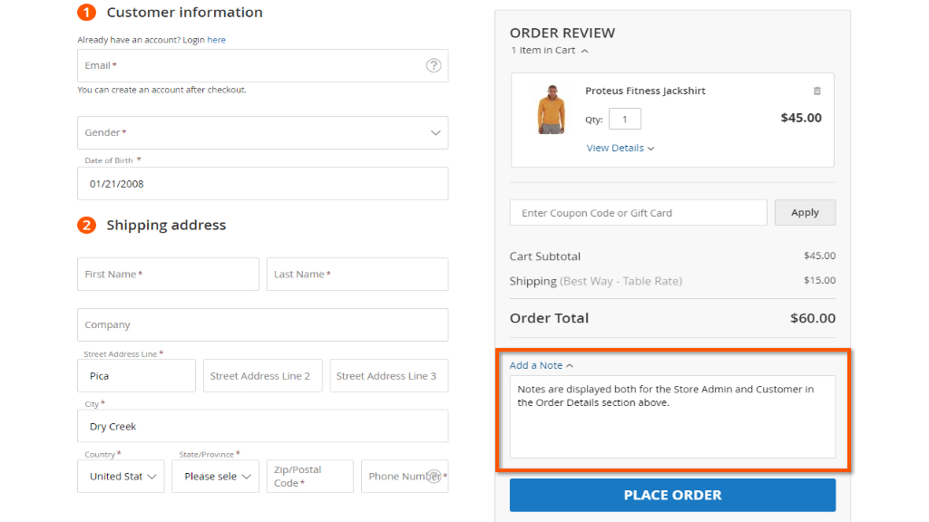 Adding Notes and Placing an Order | Smart One Step Checkout for Magento 2