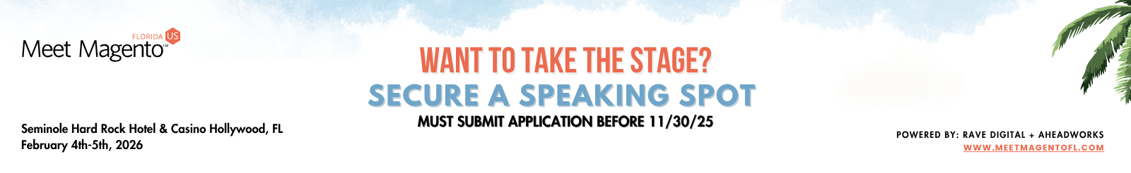 Banner inviting you to take the stage as a speaker at Meet Magento conference.