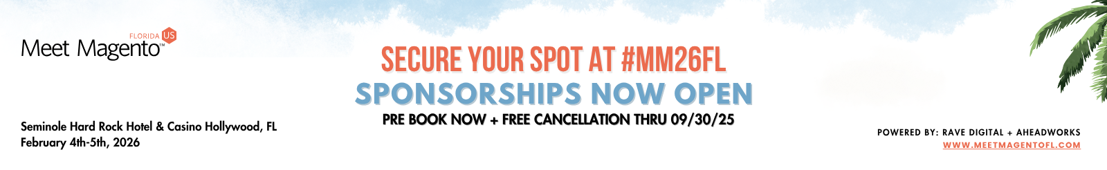Banner announcing that Meet Magento sponsorships are now open.