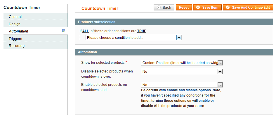 Countdown Timer Enable/Disable Products Configuration
