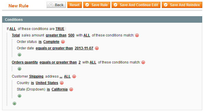 Rule conditions based on order and customer attributes