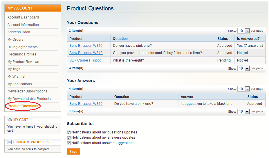 The "Product Questions" tab