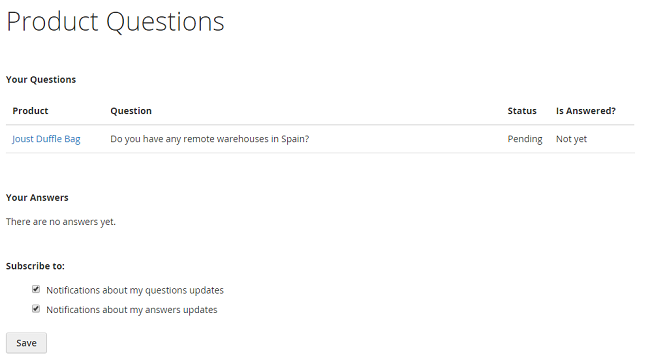 Product Questions in the My Account Area