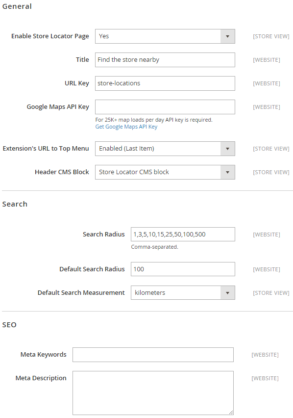 Store Locator Configuration Section