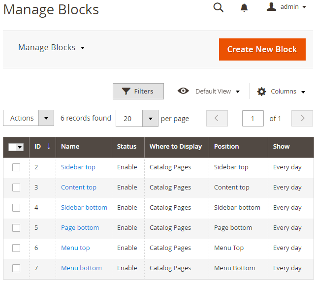 Manage Blocks Grid