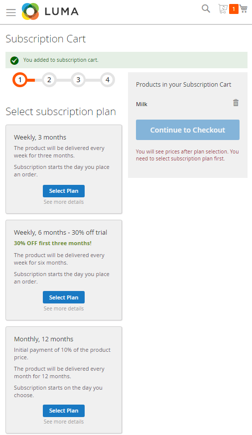 Subscription Shopping Cart and Checkout (Mobile View)