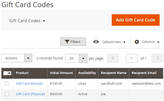 New Filtering Options of the Gift Card Codes Grid