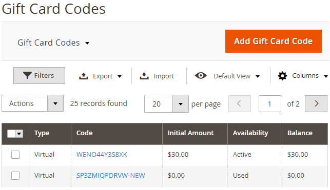 Import /Export Gift Card Codes
